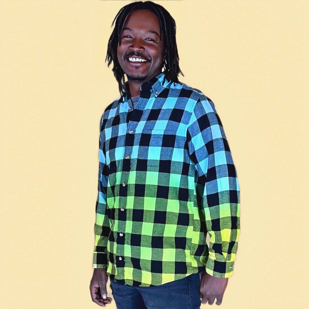 Oversized Tie Dye Flannel Shirt Neon Blue Green Yellow Dip Dye Gradient